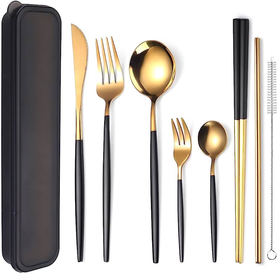 AARAINBOW 8 Pieces Stainless Steel Flatware Set Portable Reusable Cutlery Set Travel Utensils Set... | Amazon (US)