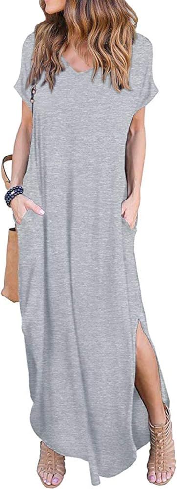 Women's Summer Maxi Dress Casual Loose Pockets Long Dress Short Sleeve Split | Amazon (US)