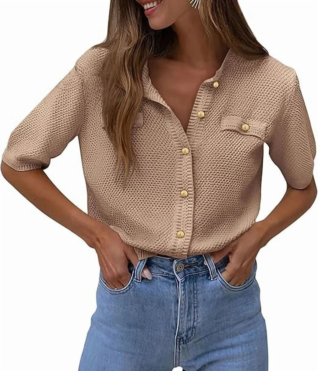 PRETTYGARDEN Women's Summer Button Down Shirts Casual Short Sleeve Crew Neck Ribbed Knit Blouse T... | Walmart (US)