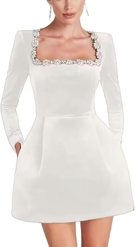 Square Neck Short Wedding Dress Long Sleeve Velvet Mini Prom Dress Beaded Bridal Gowns for Weddin... | Amazon (US)