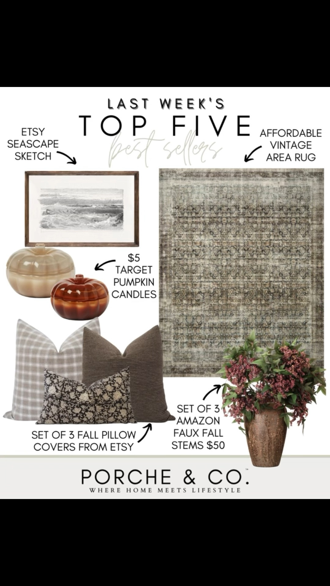 ✨Last Week’s Top 5 Best Sellers✨
So many cozy and timeless fall pieces made the list this week 🤍 Here’s what you all loved most:

🌊 Etsy Seascape Sketch – A beautiful, calming art piece that layers perfectly in a gallery wall or stands alone.
🕯️ $5 Target Pumpkin Candles – The cutest seasonal accent that doubles as décor.
🪞 Affordable Vintage Area Rug – A neutral staple that adds instant warmth + character to any space.
🪴 Set of 3 Amazon Faux Fall Stems ($50) – So realistic and easy to style in your favorite vase.
🛋️ Set of 3 Fall Pillow Covers from Etsy – Gorgeous textures and patterns for layering on sofas, chairs, or beds.

Tap to shop your favorites before they sell out! ✨
#porcheandco #LTKhome #fallfavorites #etsyfinds #amazonhome #targetstyle #bestfinds #cozyhome #homedecorideas


#LTKHome #LTKFallSale #LTKSeasonal