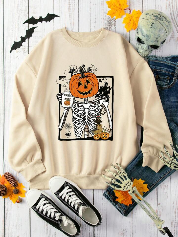 SHEIN EZwear Halloween Print Drop Shoulder Sweatshirt | SHEIN