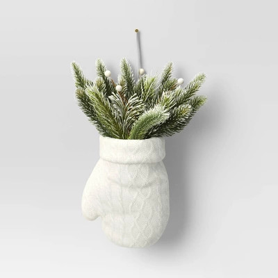 15" Hanging Knit Mitten with Flocked Greenery and Berries Christmas Artificial Plant White/Green ... | Target