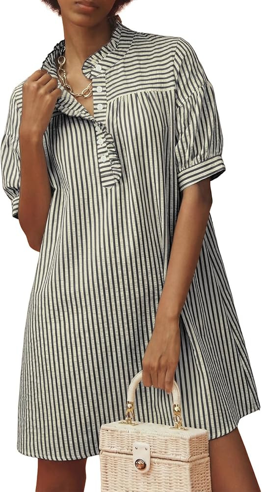 BLENCOT Womens Button Down Shirt Dresses Casual Striped Cotton Stand Collar Ruffle Puff Sleeve Su... | Amazon (US)