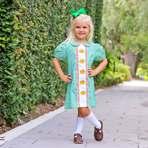 Green Gingham Pumpkin Applique Charlotte Dress | Classic Whimsy