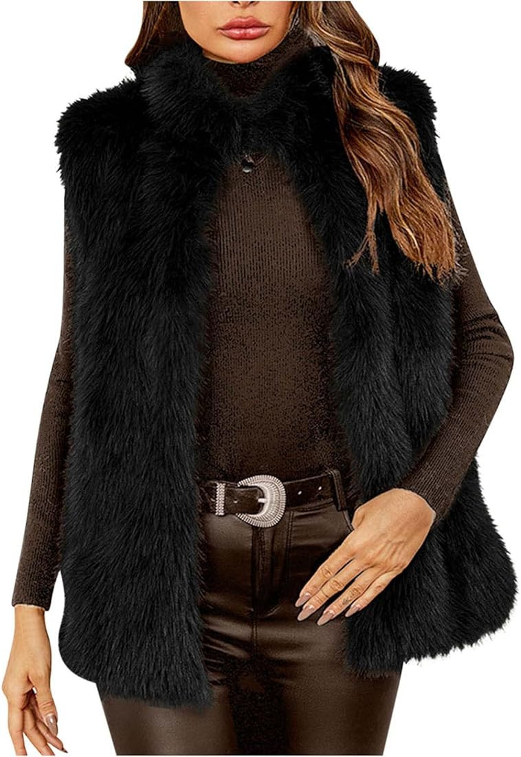 Warm Faux Fur Vest for Women Plus Size Sleeveless Lapel Collar Jacket Casual Plush Winter Solid C... | Amazon (US)