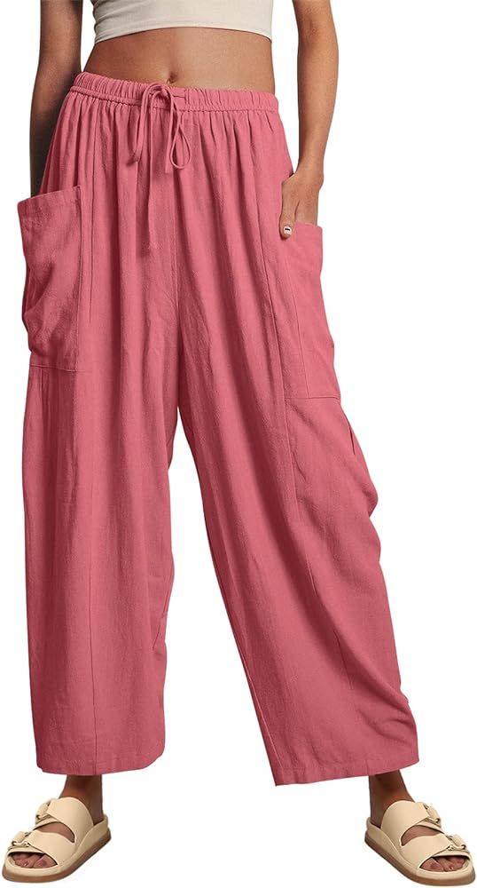 LILLUSORY Women‘s Linen Wide Leg Pants 2024 Casual Loose Lightweigt Beach Palazzo Harem Pants | Amazon (US)