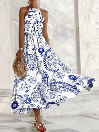 SHEIN Frenchy Summer Casual Plant Printed Sleeveless Waist Tie Dress | SHEIN