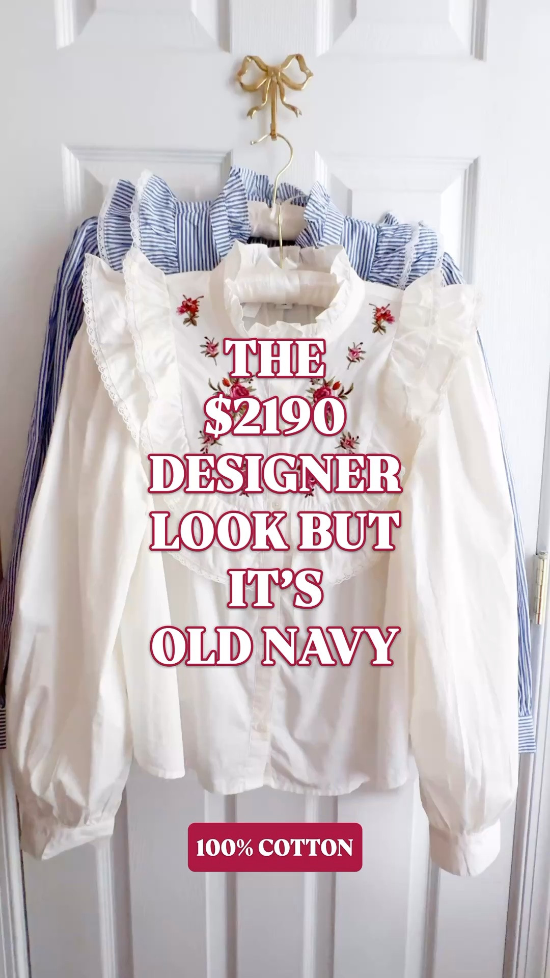 Old Navy ruffle blouse | Chloé look for less | 100% cotton blouse | feminine work outfits

A $2,190 designer blouse look, found at Old Navy. These new cotton blouses have the ruffles, embroidery and romantic sleeves that make the Chloé comparison so good, and they’re currently 30% off with code EXTRA.

The white blouse has pink and red embroidered flowers framed by layered ruffles across the shoulders and chest. The high ruffle collar draws attention to the neckline, while full blouson sleeves gather into button cuffs. There is so much beautiful detail here, even before you add a single accessory.

The blue and white stripe brings a preppy take on the same feminine silhouette. Both are 100% cotton, with soft twill fabric and a full button front. For those of us who look at the fabric label before adding to cart, that cotton is another reason to love them.

Wear one with ponte pants and ballet flats for feminine work outfits, dark denim and gold earrings for dinner, or a skirt for church and holiday lunches. Let the ruffled collar show above a cardigan as the weather cools down. These are pretty enough for plans and practical enough for the workweek.

Both new arrivals are linked below. Choose your favorite and use EXTRA for 30% off.

Old Navy ruffle blouse, Chloé inspired blouse, designer blouse look for less, 100% cotton blouse women, white embroidered blouse, floral embroidered top, blue and white striped blouse, high neck ruffle top, ruffle yoke blouse, long sleeve cotton blouse, feminine work tops, office blouses women, business casual tops, teacher outfits fall, romantic feminine style, preppy fall outfits, fall fashion hauls, Old Navy new arrivals, Old Navy finds

#OldNavyStyle #OldNavyFinds #LookForLess #FeminineStyle #WorkOutfits #FallOutfits #FallFashionHaul #BusinessCasual

#LTKSeasonal #LTKSaleAlert #LTKWorkwear
