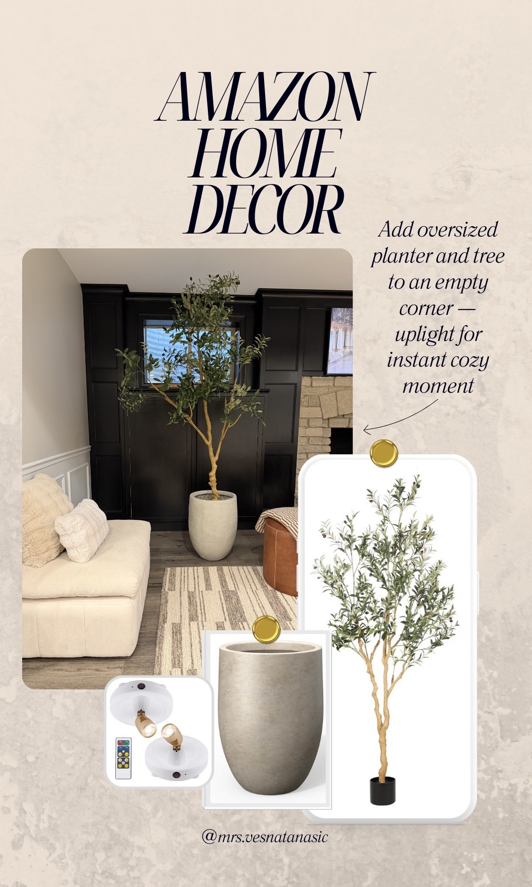 One of my favorite ways to style an empty corner: an oversized planter with a faux tree 🌿 It instantly adds height, texture, and warmth to a room without feeling cluttered. I paired this olive tree with a neutral planter and a small uplight behind it to create a soft, cozy glow at night. Linking the tree, planter, and the uplight I used.


#LTKHome
