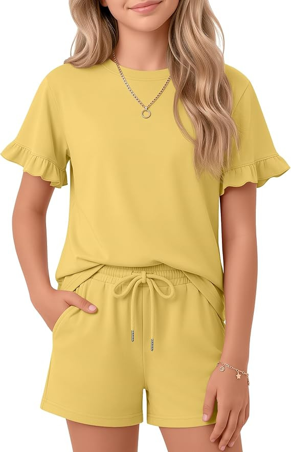 Girls Sets Kids Shorts Set Teen Summer Ruffle Sleeve and Shorts 2 Piece Outfits for 5-14 Years | Amazon (US)
