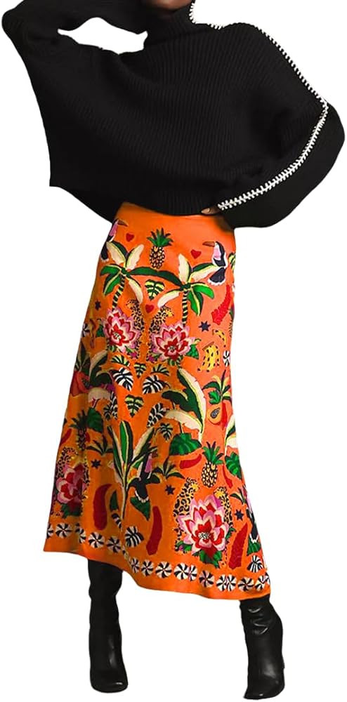 THLAI Womens Skirt Midi Skirt Tropical Plant Print Pink Zipper A-Line Long Skirts Spring Summer S... | Amazon (US)