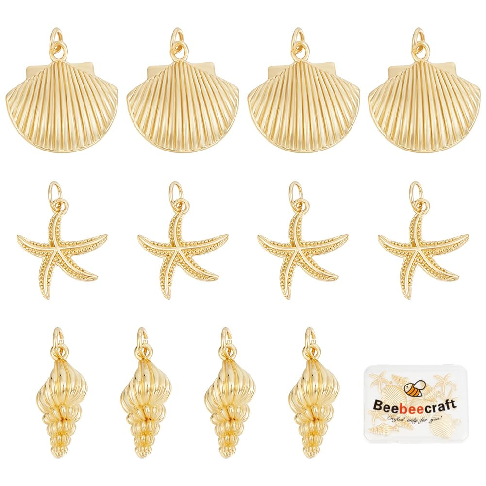 Beebeecraft 1 Box 12Pcs Sea Theme Charms 18K Gold Plated Brass 3 Style Shell/Starfish/Conch Charm... | Amazon (US)