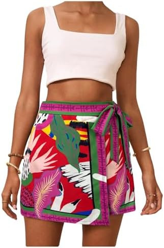 MAKEMECHIC Women's Boho Wrap Skirt Skort Summer Vacation Short Mini Skirts | Amazon (US)