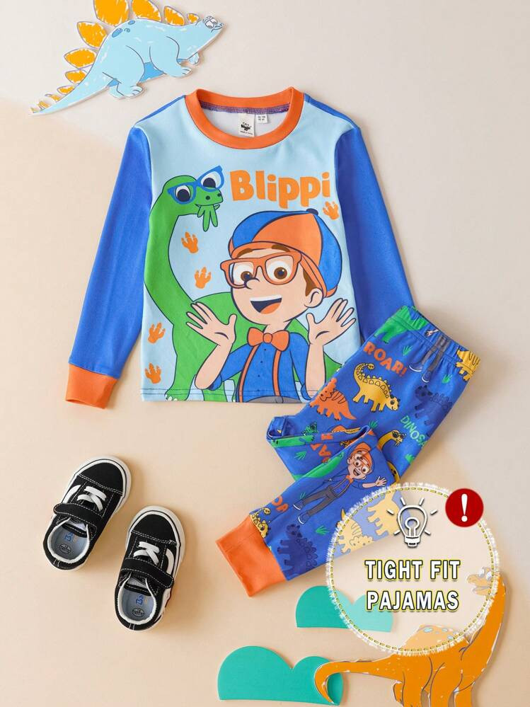Blippi X SHEIN Set Di 2 Pigiama Casual Aderenti Per Ragazzi, Con Stampa Di Dinosauro Carino, Composto Da Top Con Motivo Dinosauro Blu E Pantaloni A Lunghezza Intera Con Stampa Dinosauro | SHEIN