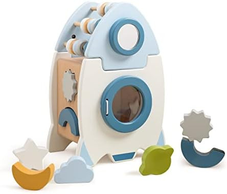 bopoobo 5 in 1 Wooden Rocket Shape Activity Cube Wooden Montessori Baby Shape Sorter for Kids Mon... | Amazon (US)