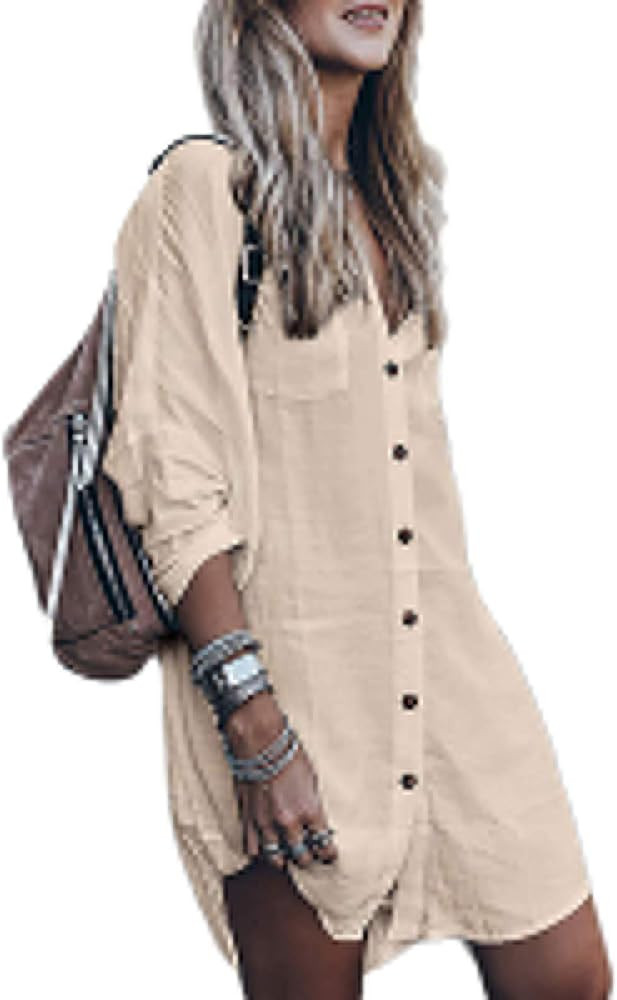 Chalier Loose Long Sleeve Swimsuit Cover Ups for Women Button Down Sleep Shirt Dress Beach Cover ... | Amazon (US)