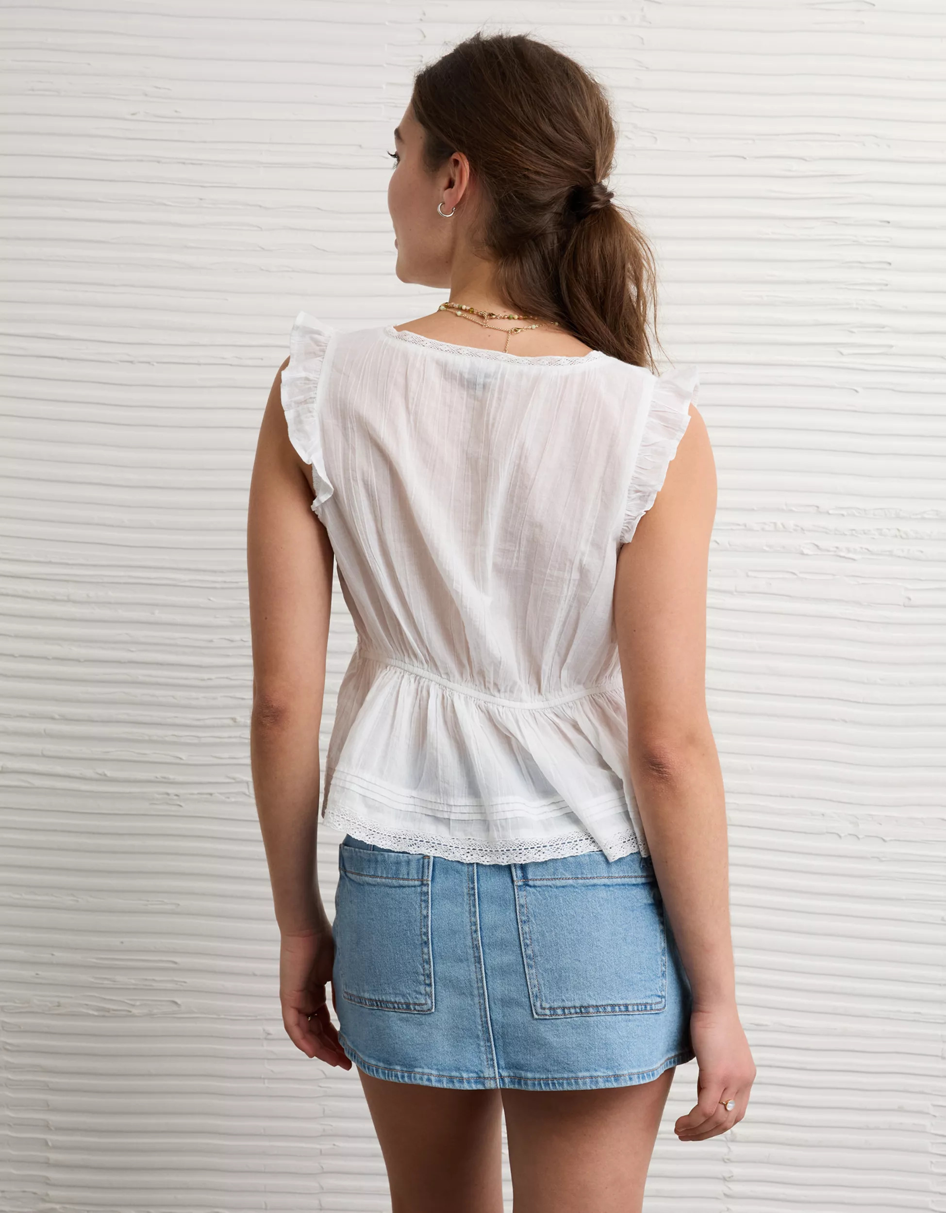 AE Lace Trim Flutter Sleeve Blouse | American Eagle Outfitters (US & CA)