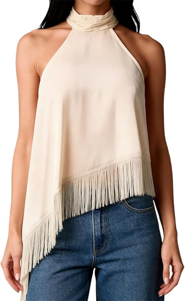 Women\u2019s Halter High Neck Satin Top Asymmetrical Fringe Hem Sleeveless Tops Blouse for Summer... | Amazon (US)