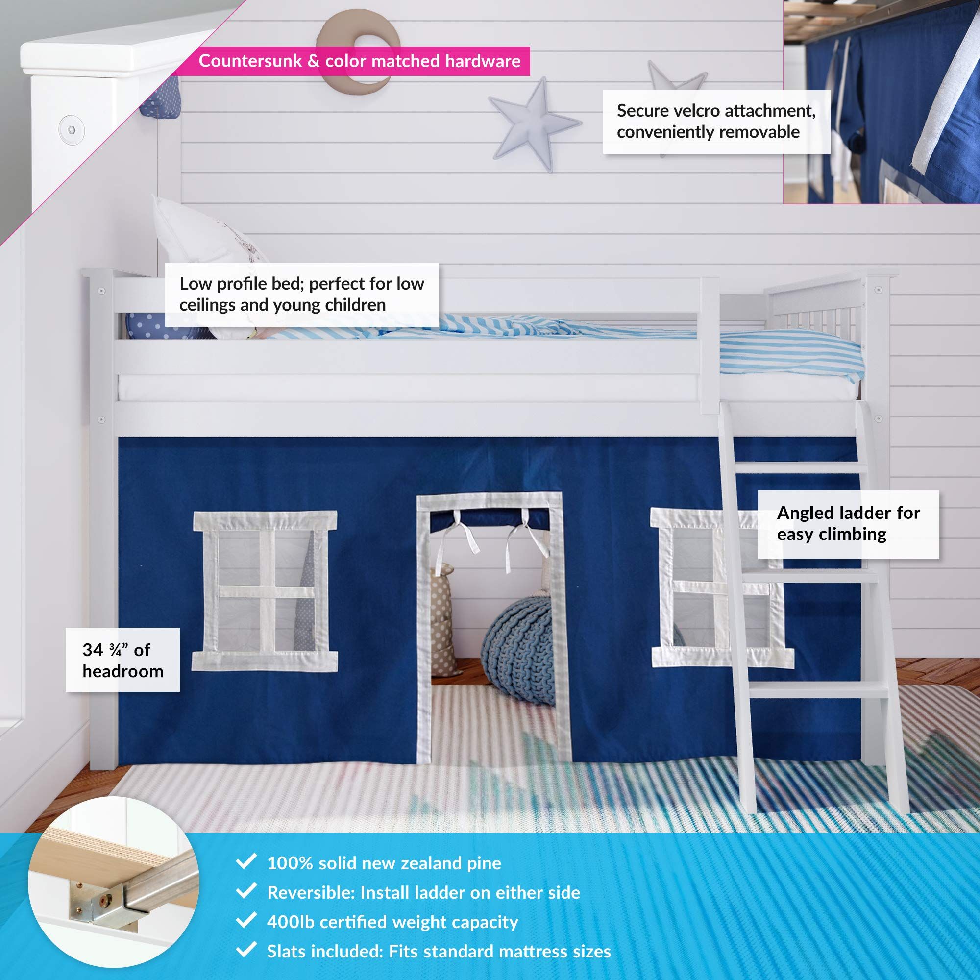 Max & Lily Twin Low Loft Bed with Blue Curtains, White | Amazon (US)