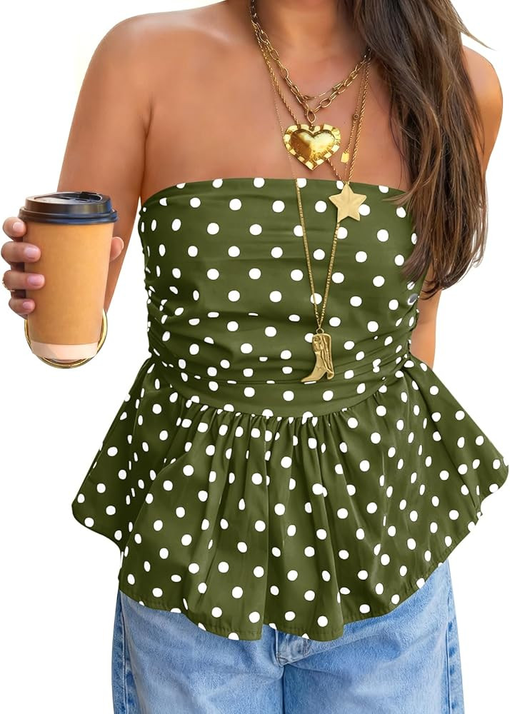 Tankaneo Womens Strapless Polka Dot Tube Tops Cute Backless Peplumn Ruffle Hem Bandeau Top Slim F... | Amazon (US)