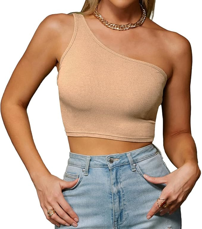 PRETTYGARDEN Women's One Shoulder Crop Top Sleeveless Ribbed Fitted Sexy Cropped Tank Tops at Ama... | Amazon (US)