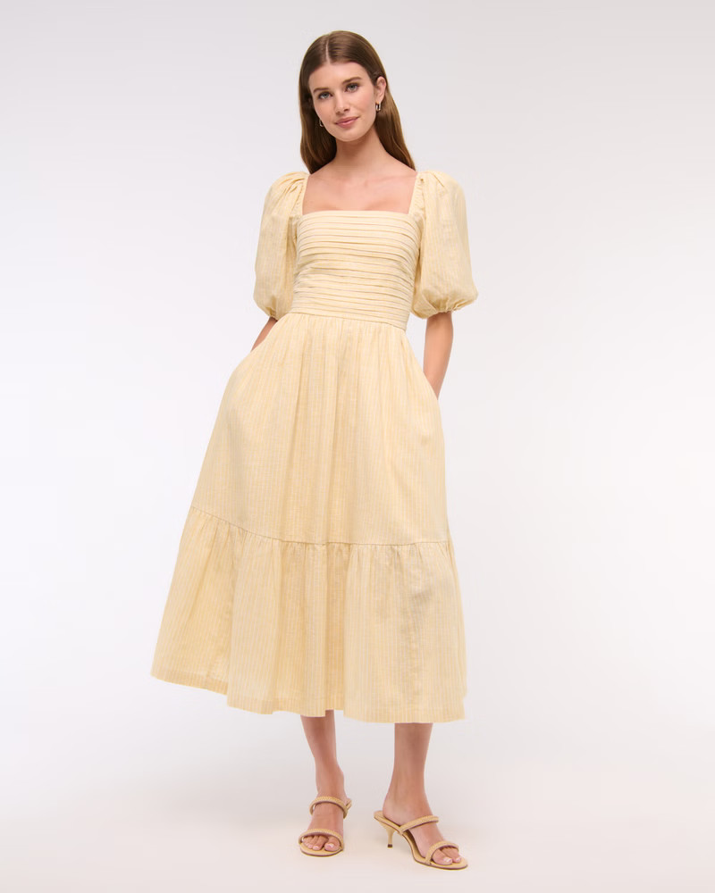 The A&F Emerson Linen-Blend Puff Sleeve Midi Dress | Abercrombie & Fitch (US)