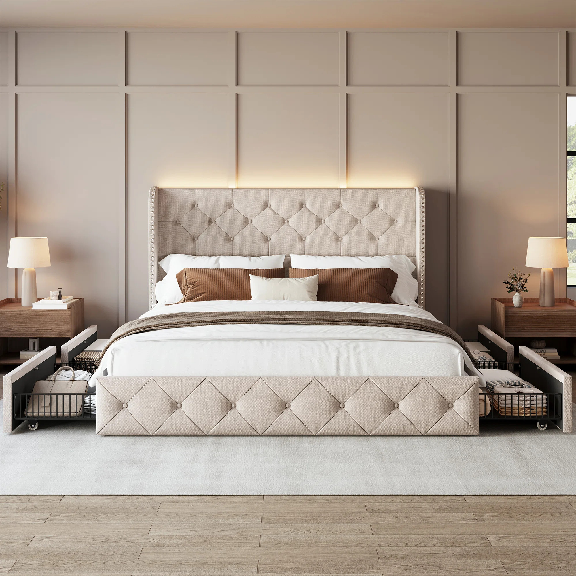 Bed Frame With Storage Drawers And Tufted Headboard Velvet Upholstered Platform, Led Light Wingba... | Wayfair North America