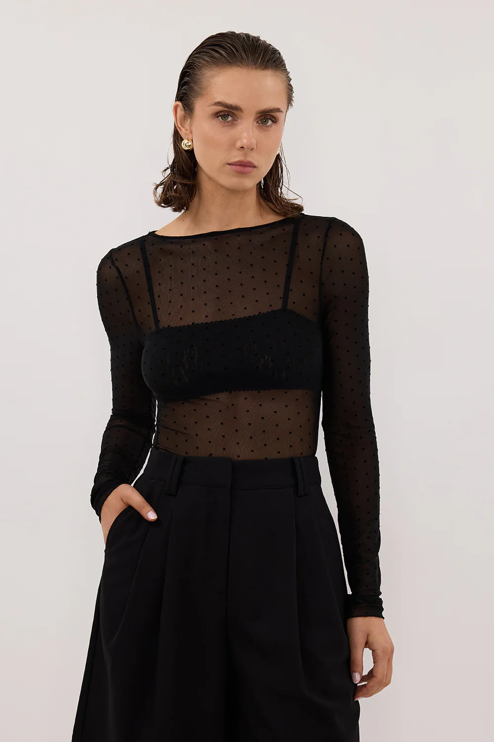 MAE BLACK MESH SPOT LONG SLEEVE TOP | DISSH