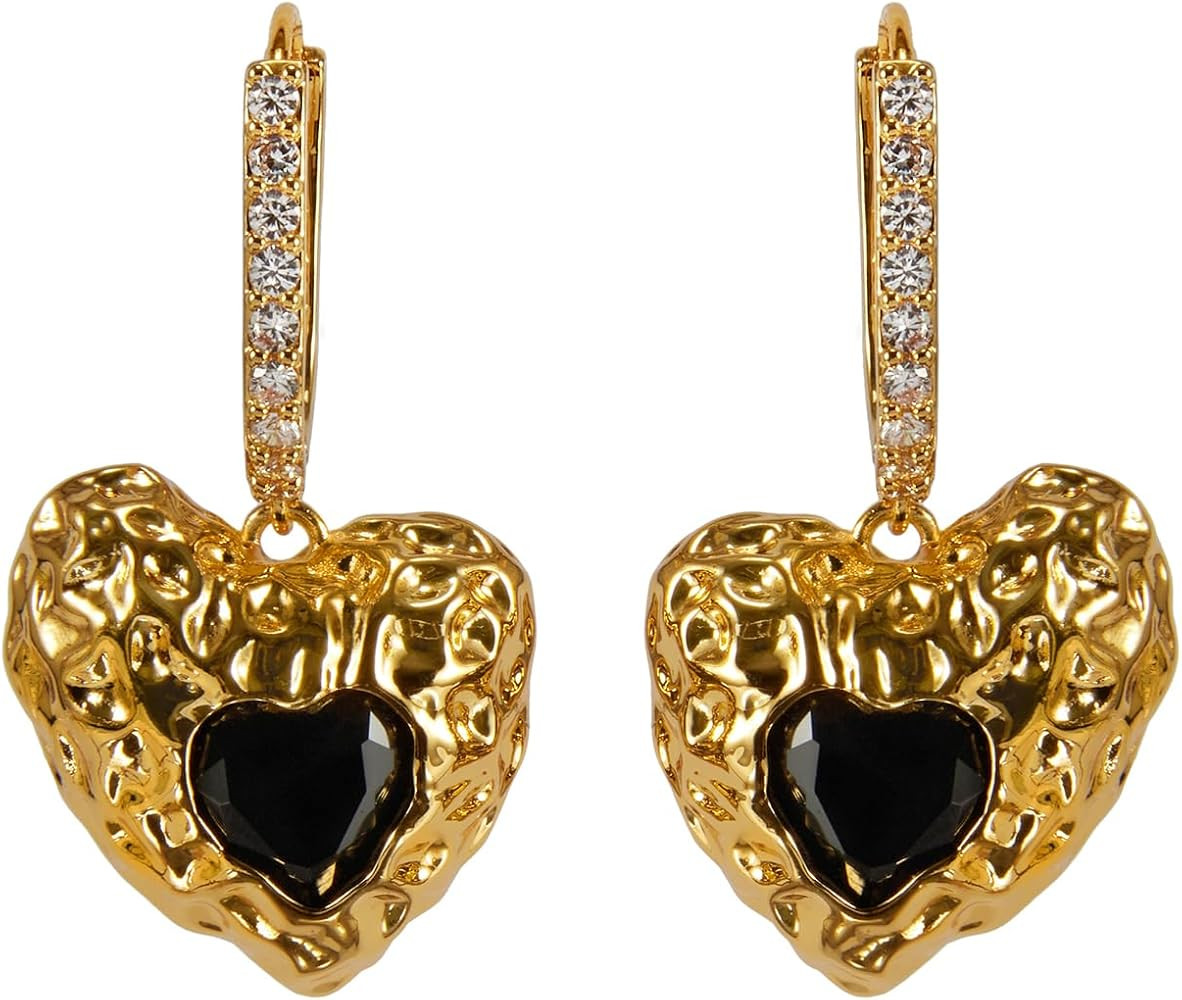 18K Gold-Plated Brass Heart Hoop Earrings with Black Onyx & Zirconia - Statement gold Dangle Earr... | Amazon (US)