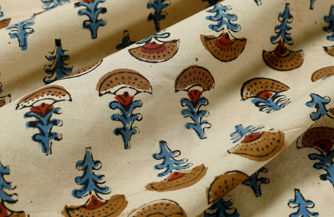 Tiny Flower Print Hand Block Printed Beige Fabric, Cotton Fabric, Indian Fabric, Fabric by Yard, ... | Etsy (US)