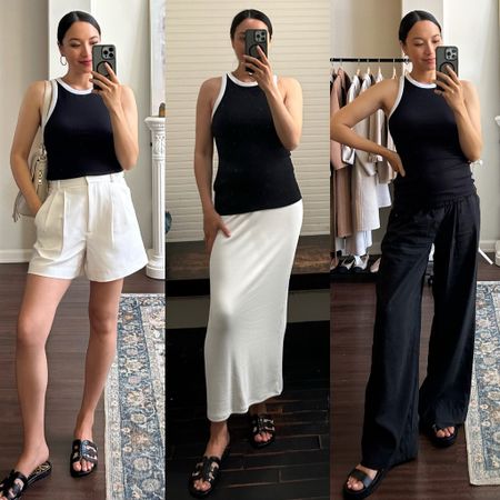 Abercrombie tank styled 3 ways — a great bump-friendly tank since it’s so stretchy and on sale 

Tank - sized up to a medium (I’m usually a small at Abercrombie)
Shorts tts 
Skirt xs 
Madewell pull-on pants xs 

#LTKBump #LTKSaleAlert #LTKFindsUnder50