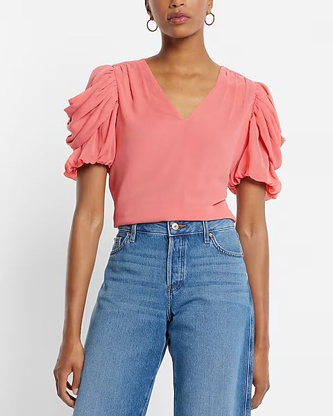 V-neck Puff Draped Short Sleeve Top | Express