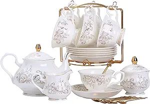 Daveinmic 22-Pieces Porcelain Bone china Tea Sets,Gold Rim Coffee Set with Golden Metal Rack,Cups... | Amazon (US)