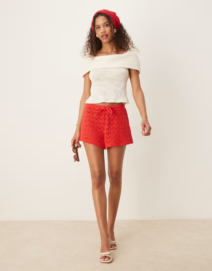 Gina Tricot drawstring crochet shorts in red | ASOS (Global)
