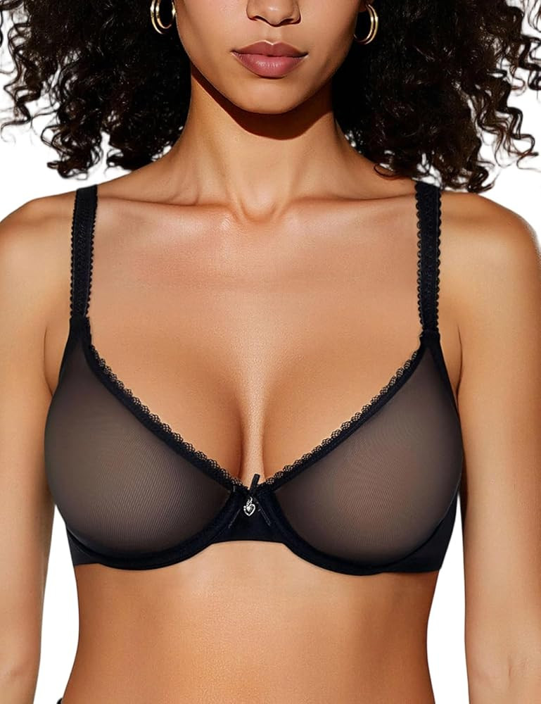 Unlined Bras for Women Sexy See Through Mesh Underwire Plunge Demi Lace Bra | Amazon (US)