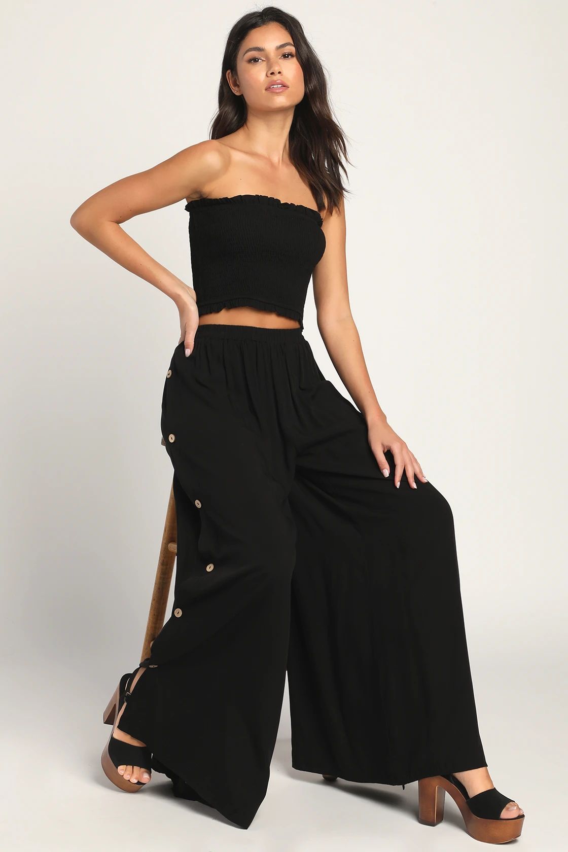 Sunny Moments Black Side Button Wide-Leg Pants | Lulus