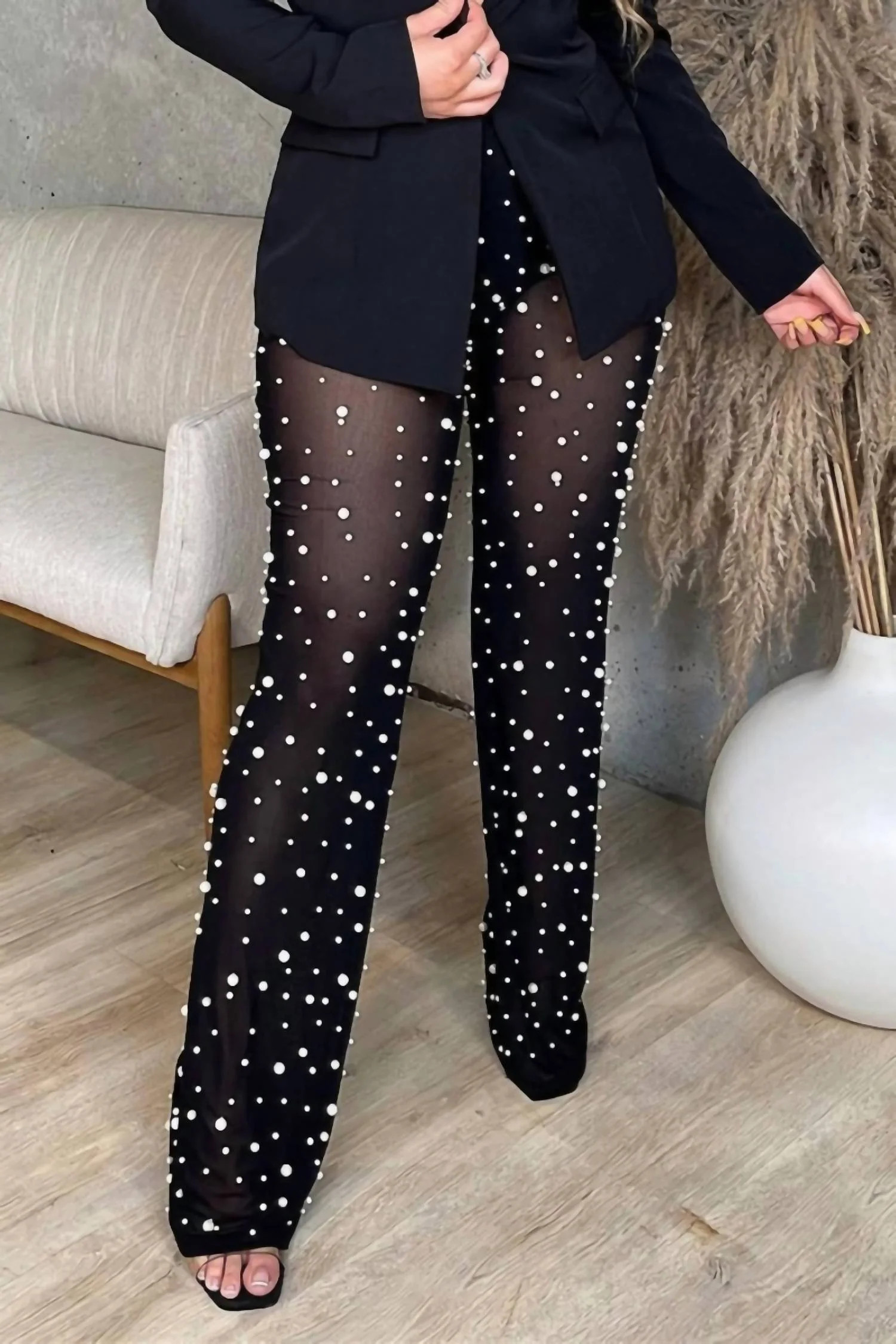 Sophie Wide-Leg Pearl Beaded Sheer Pants In Black | Shop Simon