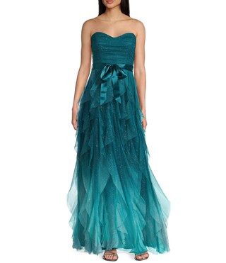 Pear Culture Strapless Glitter Ombre Mesh Ruffled Corkscrew Dress | Dillard's | Dillard's