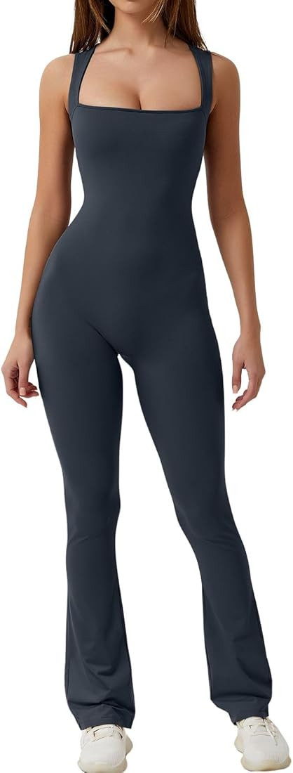 QINSEN Flare Jumpsuits for Women Strappy Square Neck Bodycon Full Length Long Pants Casual Playsuit | Amazon (US)