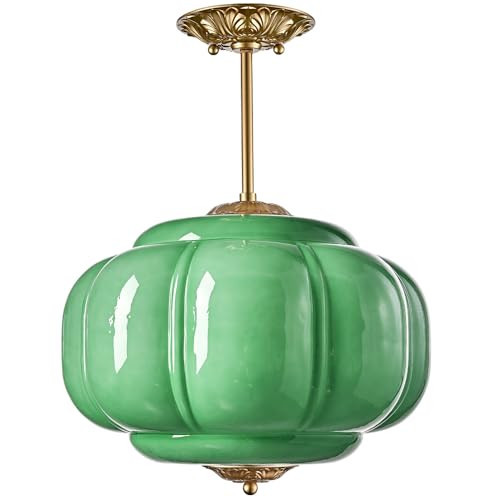 Vintage Milk Glass Ceiling Light Fixture, Antique Green Semi Flush Mount Milk Glass Pendant Light, 15" Farmhouse Mid Century Ceiling Light for Kitchen Hallway Schoolhouse Dining Room Bedroom | Amazon (US)