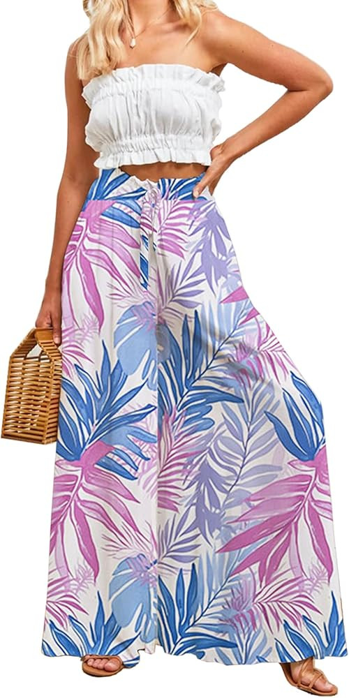 YOCUR Women Summer Beach Vacation Pants High Waisted Wide Leg Pants Printed Loose Flowy Casual Pa... | Amazon (US)