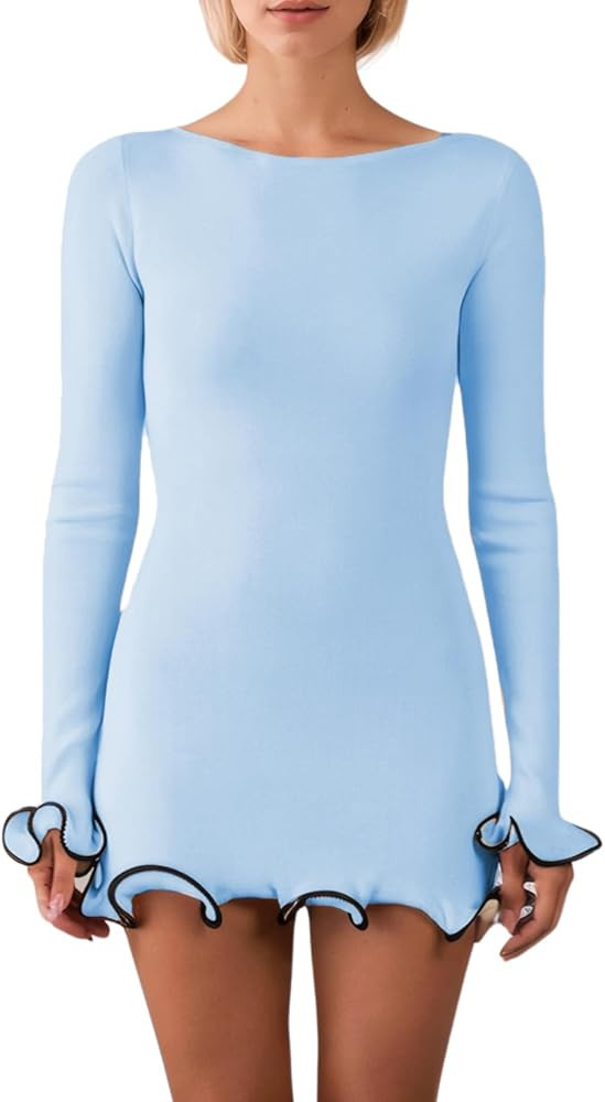 Women Elegant Ruffle Hem Knit Mini Dress Long Sleeve Contrast Color Patchwork Bodycon Short Sweat... | Amazon (US)