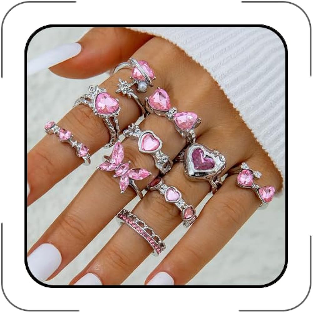 INENIMARTJ Chunky Gold Silver Ring for Women Heart Bow Butterfly Pink Crystal Gold Silver Knuckle... | Amazon (US)