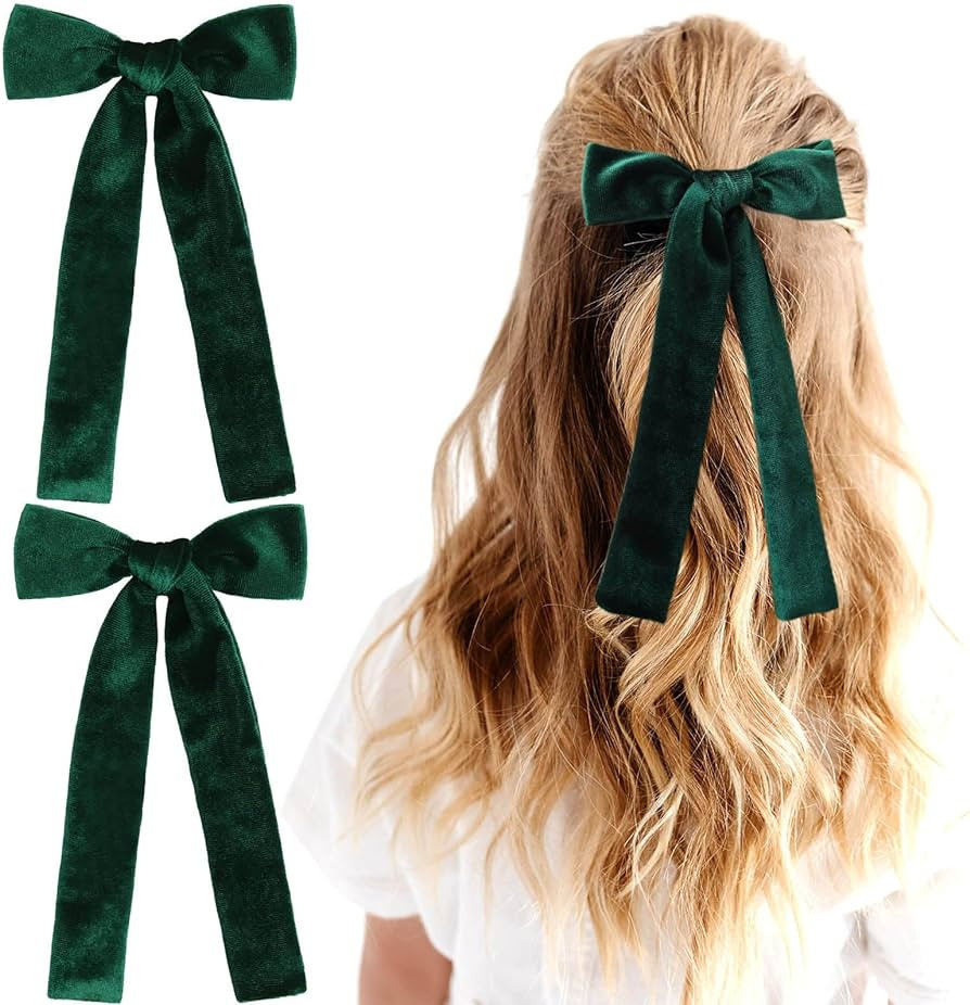 2Pcs Long Velvet Hair Bows for Girls Hair Clip Velvet Green Hair Bow Ribbon Hair Accessories for ... | Amazon (US)