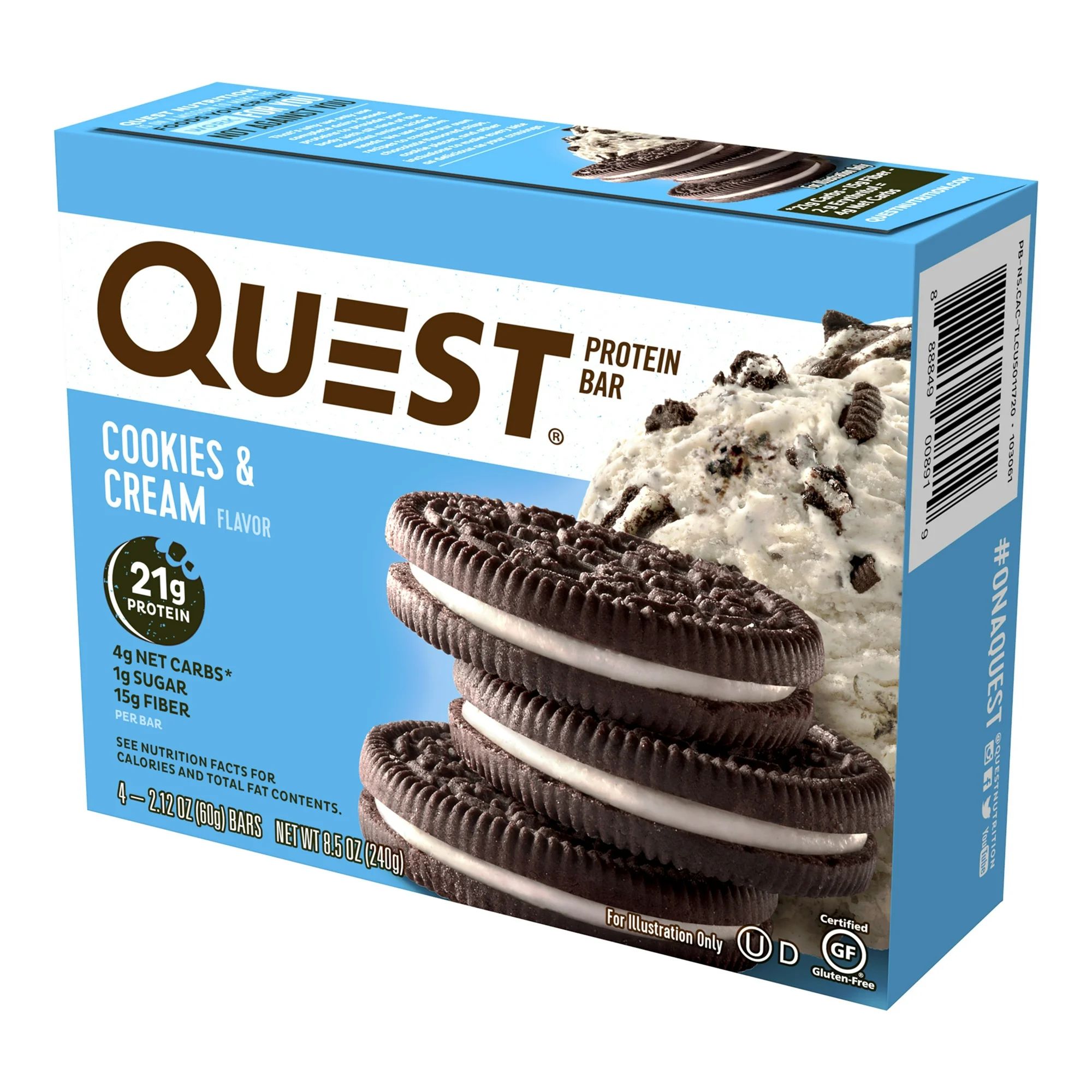 Quest Bar Cookies & Cream, Gluten Free, 4Pk | Walmart (US)