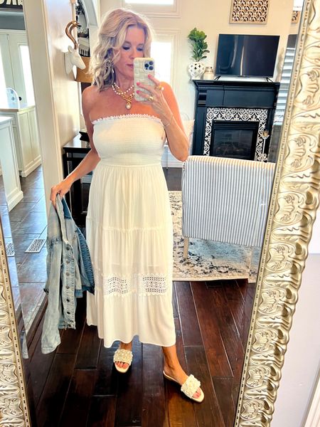 Sunday outfit inspiration 

Amazon find… this darling strapless white sundress is so good!
It fits true to aoze, is fully lined and the lace quality and detail is so pretty..
Really good for the price 

New Steve Madden Pearl  slide sandals
These are so beautiful with a touch of bling mixed in with the pearls.  Fit true to size and would be darling for a Bride who wants flats  or cute for her shower etc.

Julie Vos earrings, pearl ring and pearl and gold drop necklace 

The French pearl necklace French Kande and not linkable 

Denim jacket Kut from the Kloth  the Amelia  in light wash fits tts 

#LTKstyletip #LTKfindsunder50 #LTKshoecrush