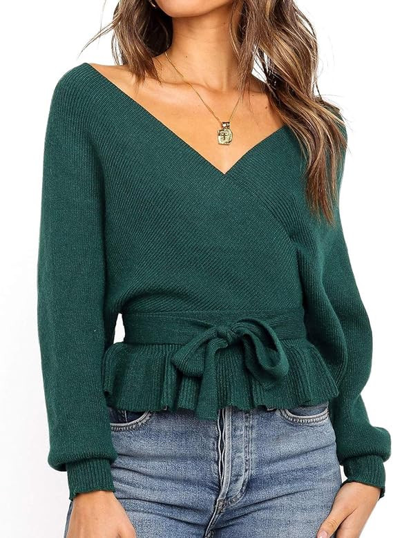 ZESICA Women's 2023 Fall Wrap V Neck Long Batwing Sleeve Belted Waist Ruffle Knitted Sweater Pull... | Amazon (US)