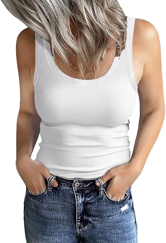 GEMBERA Women's Sleeveless Scoop Neck Ribbed Tank Tops Fitted Basic Cami Tee Shirts | Amazon (US)