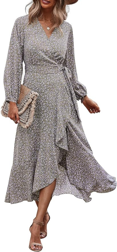 PRETTYGARDEN Women's Long Sleeve Vintage Wrap Dress Floral Print V-Neck Maxi Dresses with Belt | Amazon (US)